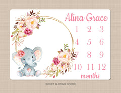 Elephant Girl Floral Milestone Blanket Watercolor Pink Blush Magenta Peach Personalized Newborn Baby Girl Roses Flowers Shower Gift B917