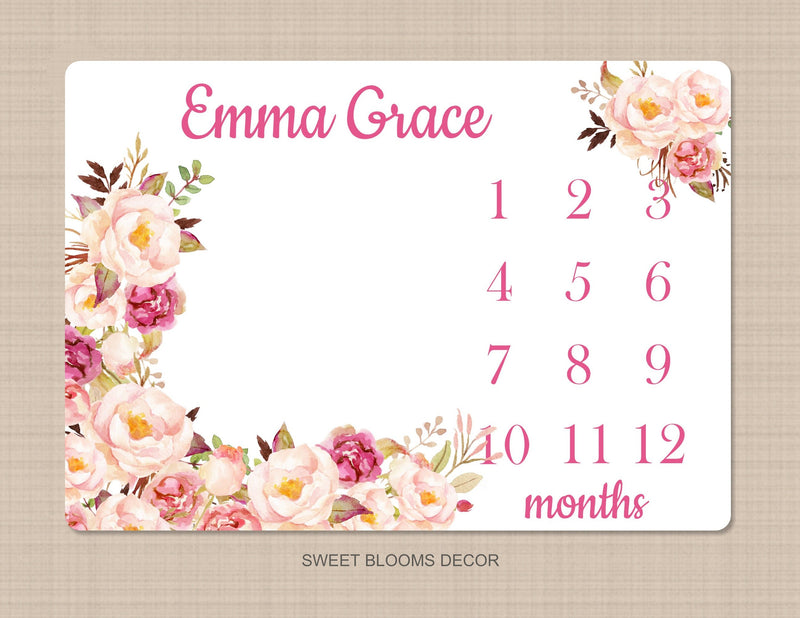 Girl Floral Milestone Blanket Watercolor Pink Blush Magenta Peach Wreath Personalized Newborn Baby Girl Roses Flowers Baby Shower Gift B919