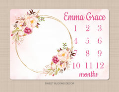 Girl Floral Milestone Blanket Watercolor Pink Blush Magenta Peach Wreath Personalized Newborn Baby Girl Roses Flowers Baby Shower Gift B922