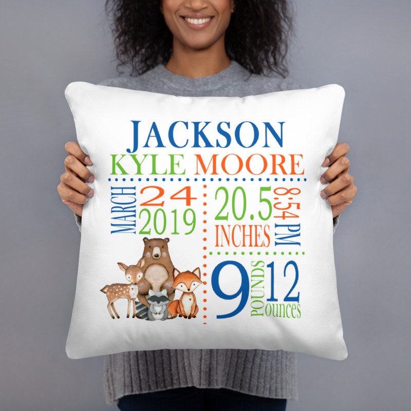 Woodland Animals Birth Announcement Pillow Personalized Birth Stats Throw Pillow Baby Shower Gift Baby Boy Nursery Decor Bedding P178