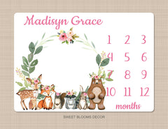 Woodland Girl Milestone Blanket Personalized Baby Girl Woodland Animals Flowers Pink Blanket Newborn Photo Prop Baby Shower Gift  985