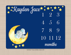 Elephants Luna Moon Stars Milestone Blanket Baby Boy Monthly Growth Twinkle Little Stars Personalized Shower Gift Nursery Bedding B937