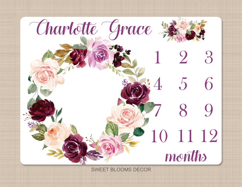 Floral Girl Milestone Blanket Personalized Blush Pink Purple Magenta Burgundy Red Watercolor Flowers Wreath Baby Girl Name Shower Gift B945