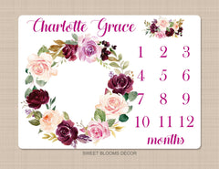 Floral Girl Milestone Blanket Personalized Blush Pink Purple Magenta Burgundy Red Watercolor Flowers Wreath Baby Girl Name Shower Gift B944