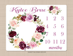 Floral Girl Milestone Blanket Blush Pink Purple Magenta Burgundy Red Maroon Watercolor Flowers Wreath Baby Name Shower Gift Monthly B955