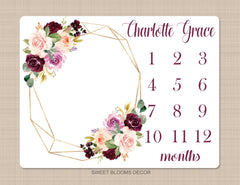 Floral Girl Milestone Blanket Blush Pink Purple Magenta Burgundy Red Maroon Watercolor Flowers Wreath Baby Name Shower Gift Gold Frame B951