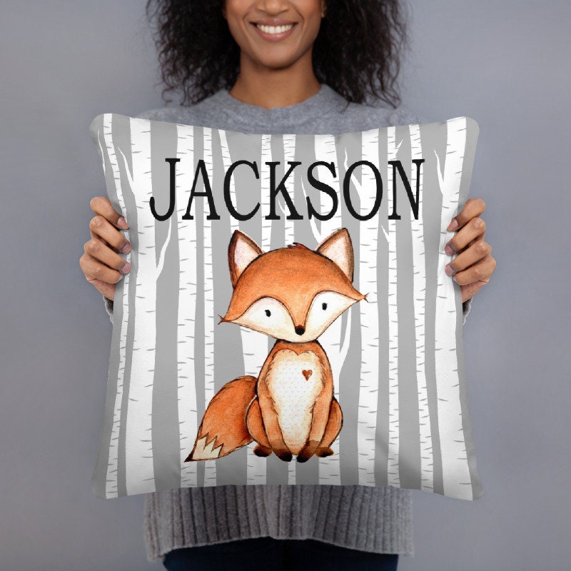 Fox Nursery Throw Pillow Gray Orange Birch Tree Woodland Name Baby Boy Bedroom Decor Bedding Baby Shower Gift Newborn Decorative Cushion 186