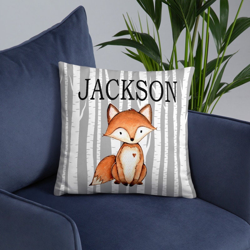 Fox Nursery Throw Pillow Gray Orange Birch Tree Woodland Name Baby Boy Bedroom Decor Bedding Baby Shower Gift Newborn Decorative Cushion 186