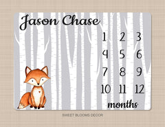 Fox Boy Milestone Blanket Woodland Animals Gray Birch Trees Monthly Growth Tracker Personalized Bedding Newborn Gift Baby Shower Gift B969