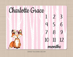 Fox Girl Milestone Blanket Woodland Animals Pink Birch Trees Monthly Growth Tracker Personalized Bedding Newborn Gift Baby Shower Gift B970