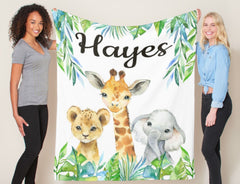 Jungle Animals Baby Boy Blanket Safari Tropical Leaves Greenery Name Blanket Newborn Monogram Baby Shower Gift Lion Elephant Giraffe B997