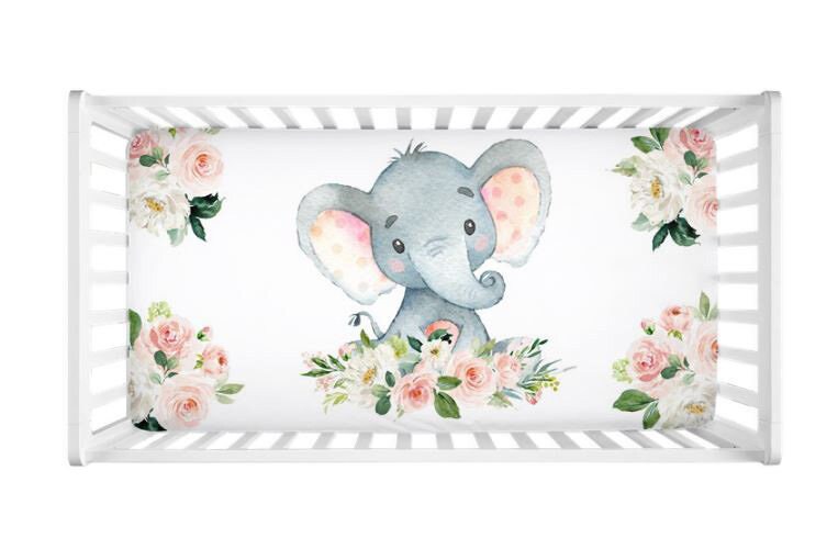 Elephants Pink Baby Girl Crib Sheet, Watercolor  Blush Pink Floral Flowers Newborn Baby  Shower Gift  C101