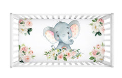 Elephants Pink Baby Girl Crib Sheet, Watercolor  Blush Pink Floral Flowers Newborn Baby  Shower Gift  C101