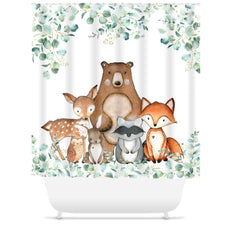 Woodland Animals Kids Shower Curtain Woodland Forest Bath Kids Bathroom Girl Boy Baby Bathroom Decor Siblings Brothers Sisters Leaves S158