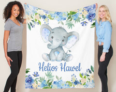 Elephants Baby Boy Blanket Watercolor Blue Floral Hydrangea Newborn Baby Name Blanket Monogram Flowers Baby Shower Gift Bedding B1001 Sweet Blooms Design Co