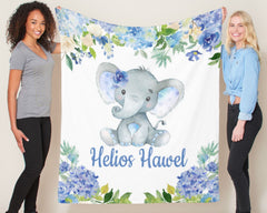 Elephants Baby Boy Blanket Watercolor Blue Floral Hydrangea Newborn Baby Name Blanket Monogram Flowers Baby Shower Gift Bedding B1002