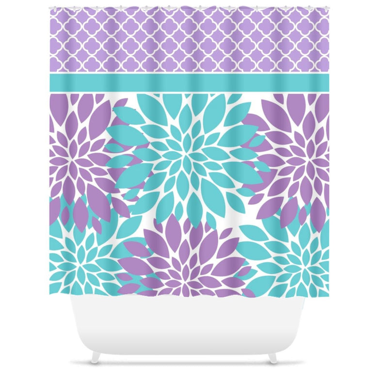 Purple Teal Floral Shower Curtain Quatrefoil Shower Curtain Purple Teal Guest Bathroom Decor Bath Modern Girl Bathroom Decor S110