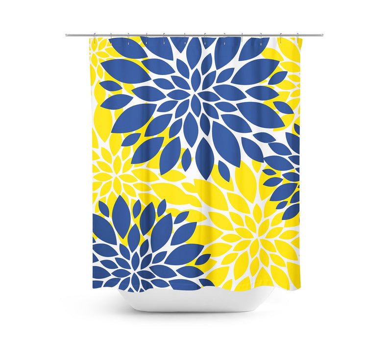 Yellow Navy Blue Floral Shower Curtain Dahlia Flowers Bathroom Decor Bath Mat Modern Simple Guest Bathroom Girls Bathroom P117