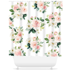 Floral Shower Curtain Blush Pink Coral Watercolor Flowers Green Leaves Bathroom Decor Bath Mat Towel Modern Guest Girls Bathroom P132