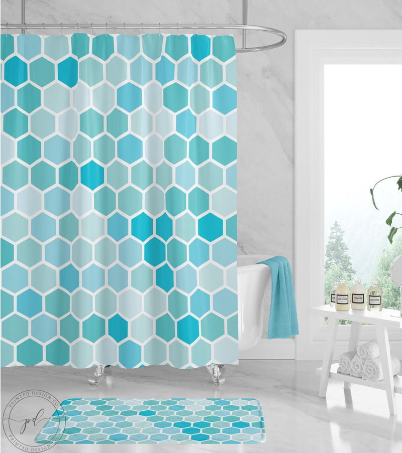 Teal Aqua Turquoise Shower Curtain Geometric Shapes Honeycombs Guest Bathroom Decor Modern Minimalist Design Adults Bath Curtain S135