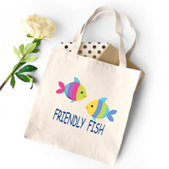 Friendly Fish Tote Bag Personalized Kids Canvas School Bag Custom Preschool Daycare Toddler Beach Tote Bag Birthday Gift Library T163