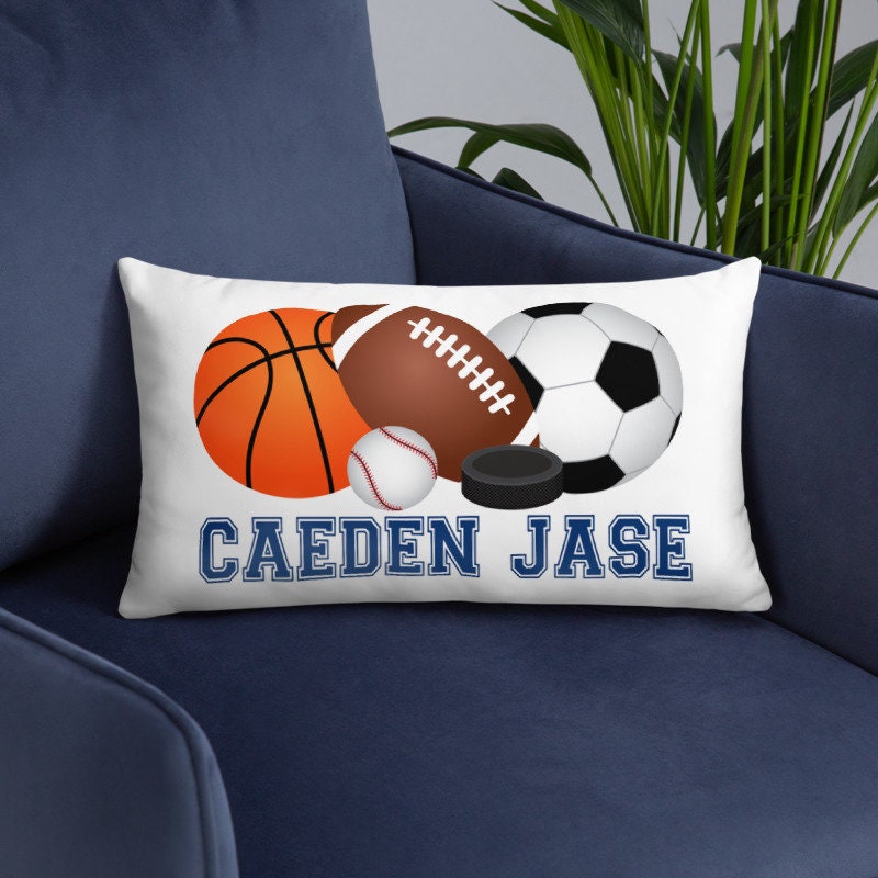 Sports Throw Pillow Sports Balls Nursery Decor Boys Personalized Name Monogram Kids Room Decor Baby Shower Birthday Gift 20x12 inch P189