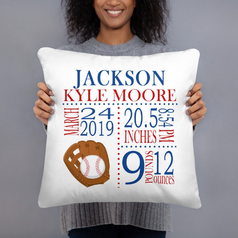 Baseball Birth Announcement Pillow Sports Personalized Birth Stats Throw Pillow Baby Shower Gift Baby Boy Red Nursery Decor Red Blue P190