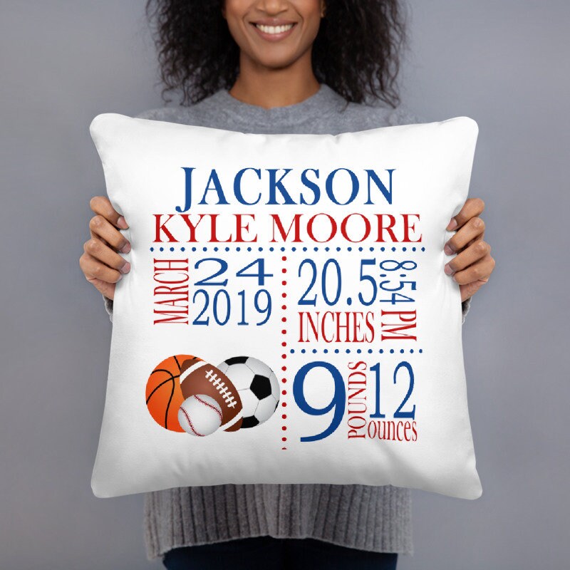 Sports Birth Announcement Pillow Sports Personalized Birth Stats Throw Pillow Baby Shower Gift Baby Boy Nursery Decor Baseball Football P191