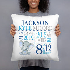 Elephant Birth Announcement Pillow Personalized Birth Stats Throw Pillow Baby Shower Gift Baby Boy Nursery Decor Bedding Navy Blue Gray P180