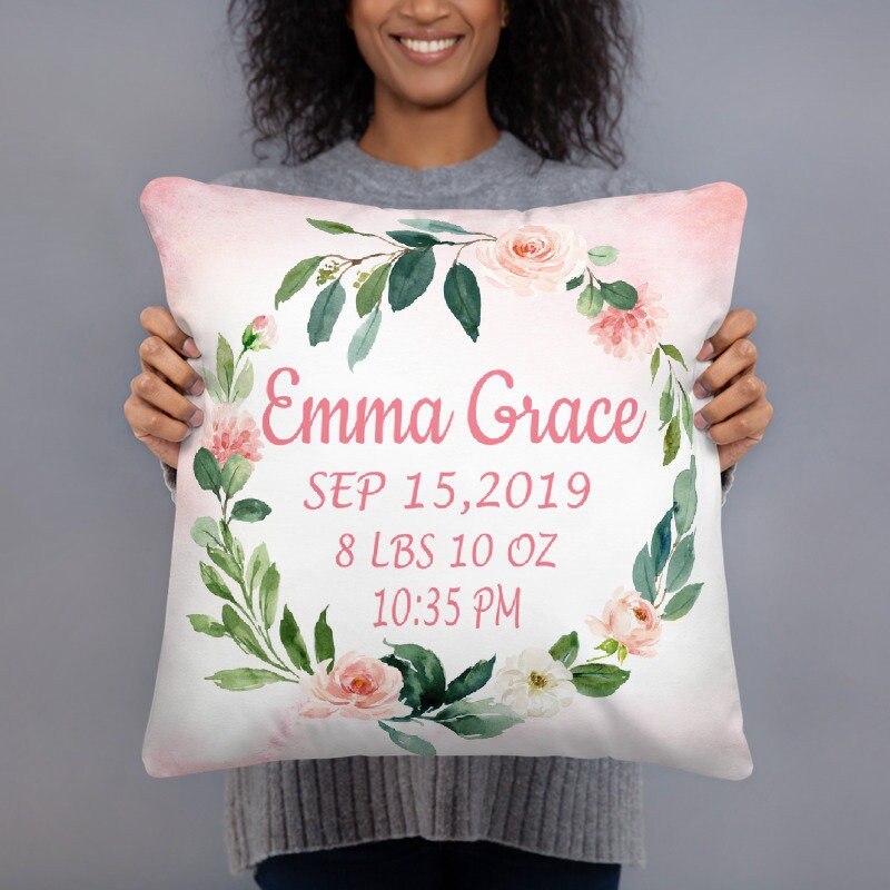 Girl Floral Birth Announcement Pillow Blush Pink Coral Flowers Watercolor Wreath Roses Personalized Baby Shower Gift Nursery Decor  P193