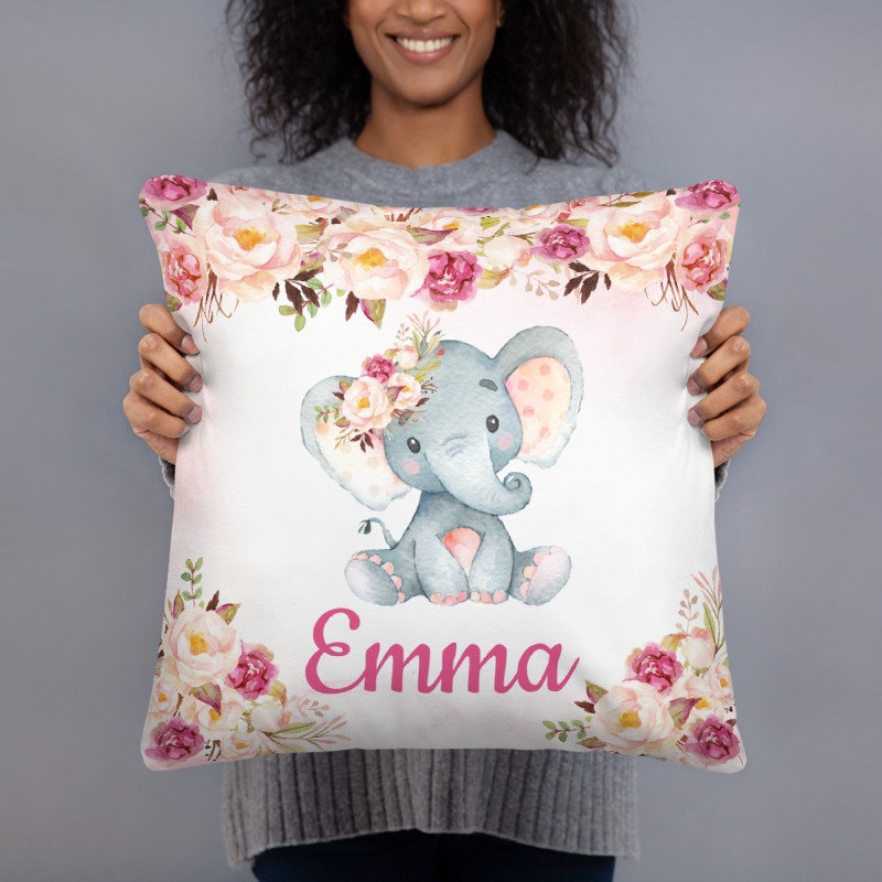 Elephant Floral Girl Throw Pillow Nursery Coral  Blush Pink Peach Magenta Bedroom Room Decor Girl Name Watercolor Flowers Room Monogram  198