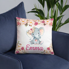 Elephant Floral Girl Throw Pillow Nursery Coral  Blush Pink Peach Magenta Bedroom Room Decor Girl Name Watercolor Flowers Room Monogram  198