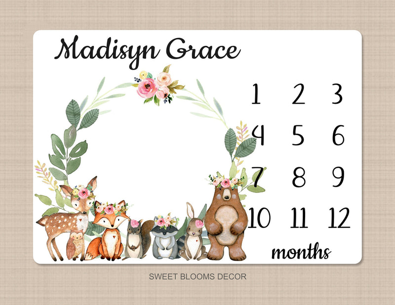 Woodland Girl Milestone Blanket Personalized Baby Girl Woodland Animals Flowers Pink Blanket Newborn Photo Prop Baby Shower Gift  984