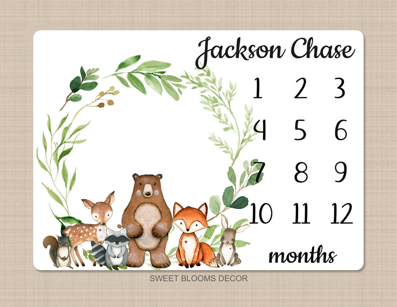 Woodland Milestone Blanket Baby Boy Girl Monthly Photo Blanket Birth Annoucement Stats Woodland Animals Newborn Baby Shower Gift 867