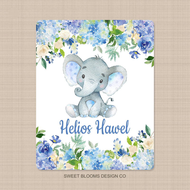 Elephants Baby Boy Blanket Watercolor Blue Floral Hydrangea Newborn Baby Name Blanket Monogram Flowers Baby Shower Gift Bedding B1001 Sweet Blooms Design Co