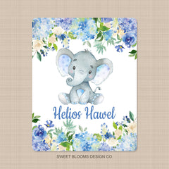 Elephants Baby Boy Blanket Watercolor Blue Floral Hydrangea Newborn Baby Name Blanket Monogram Flowers Baby Shower Gift Bedding B1001 Sweet Blooms Design Co