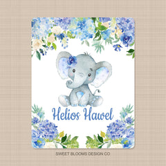Elephants Baby Boy Blanket Watercolor Blue Floral Hydrangea Newborn Baby Name Blanket Monogram Flowers Baby Shower Gift Bedding B1002