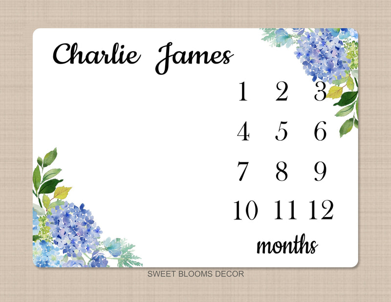 Milestone Blanket Boy Blue Floral Personalized Monthly Blanket Newborn Baby Blanket Watercolor Flowers Wreath Flowers Baby Shower Gift B1003