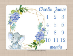 Milestone Blanket Elephant Boy Blue Floral Personalized Monthly Blanket Newborn Baby Blanket Watercolor Flowers Wreath Baby Shower Gift 1006