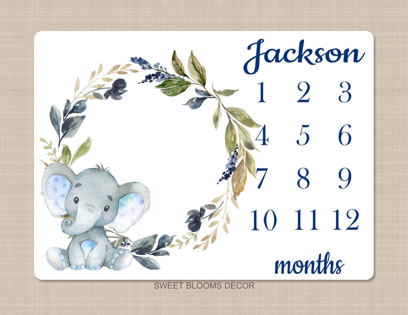 Elephant Milestone Blanket Baby Boy Leaves Blue Flowers Monthly Growth Tracker Personalized  Nursery Decor Baby Shower Gift B1051