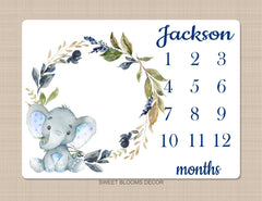 Elephant Milestone Blanket Baby Boy Leaves Blue Flowers Monthly Growth Tracker Personalized  Nursery Decor Baby Shower Gift B1051