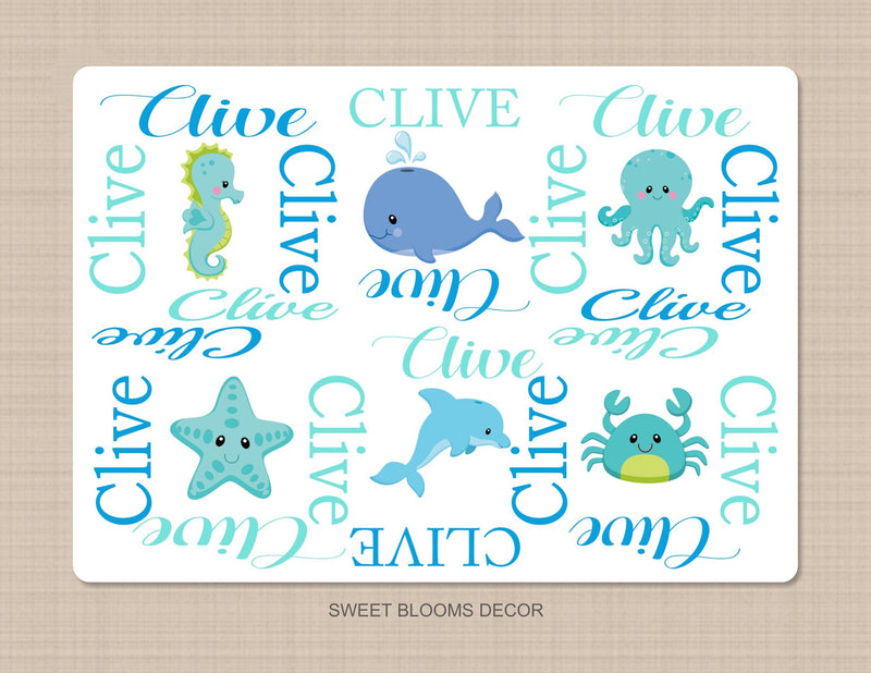 Sea Animals Baby Boy Name Blanket Ocean Under The Sea Baby Shower Gift Whale Sea Horse Octopus Crab Star Fish Teal Blue Green B1052