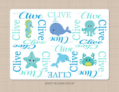 Sea Animals Baby Boy Name Blanket Ocean Under The Sea Baby Shower Gift Whale Sea Horse Octopus Crab Star Fish Teal Blue Green B1052