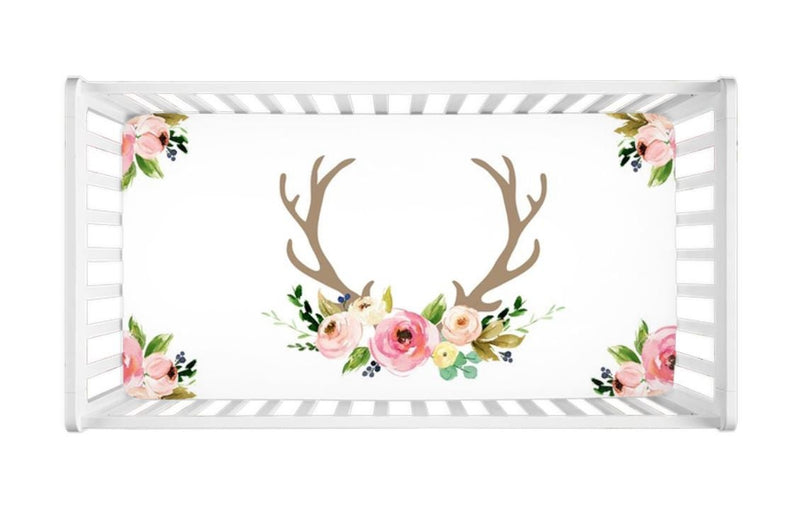 Deer Antlers Crib Sheet Watercolor Coral Blush Pink Floral Newborn Baby Girl Flowers Shower Gift  C105