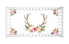 Deer Antlers Crib Sheet Watercolor Coral Blush Pink Floral Newborn Baby Girl Flowers Shower Gift  C105