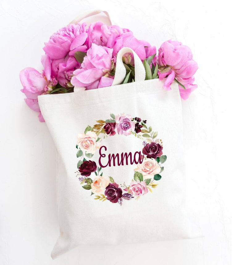 Floral Tote Bag Personalized Name Pink Red Purple Burgundy Flowers  Wreath Wedding Bride Bridesmaid Mother of the Bride Big Sister 168