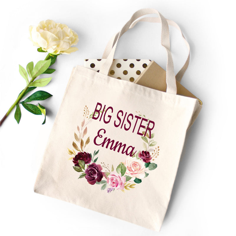 Floral Tote Bag Big Sister Personalized Name Pink Red Purple Burgundy Flowers  Wreath Wedding Bride Bridesmaid Mother of the Bride 169