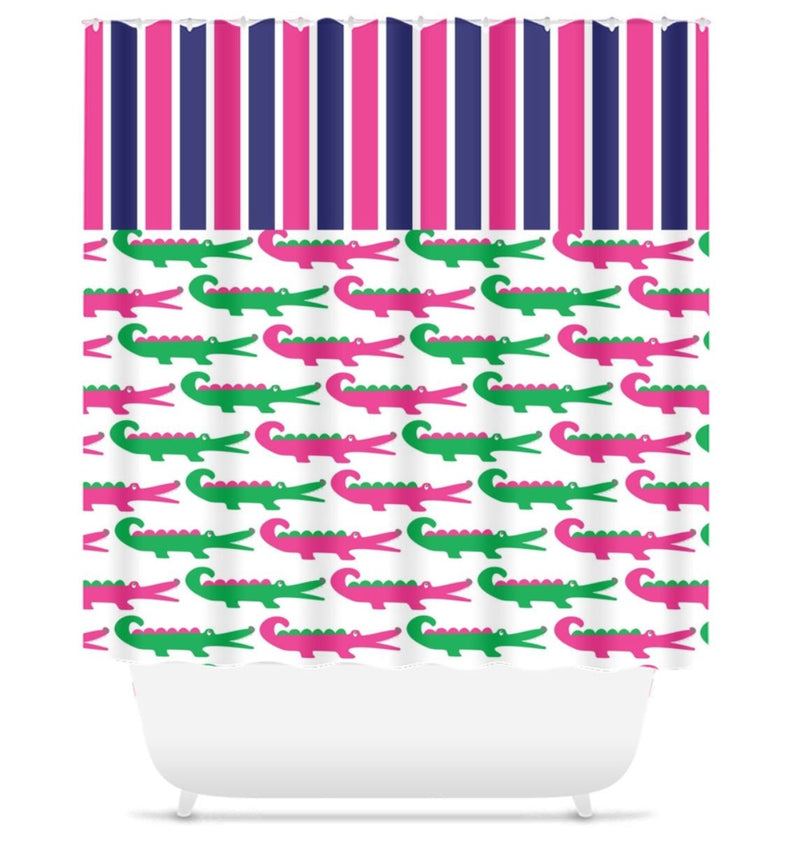 Alligator Shower Curtain Pink Navy Blue Navy Girl Alligator Bathroom Decor Boy Bathroom Bath Mat S105