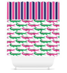 Alligator Shower Curtain Pink Navy Blue Navy Girl Alligator Bathroom Decor Boy Bathroom Bath Mat S105