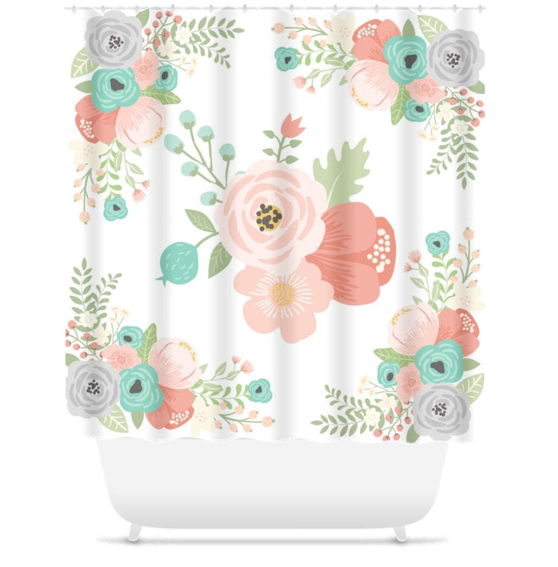 Floral Shower Curtain Coral Teal Mint Gray Flowers Bathroom Curtain Decor Floral Girl Bathroom Guest Bathroom Decor Bath Mat Towel S124